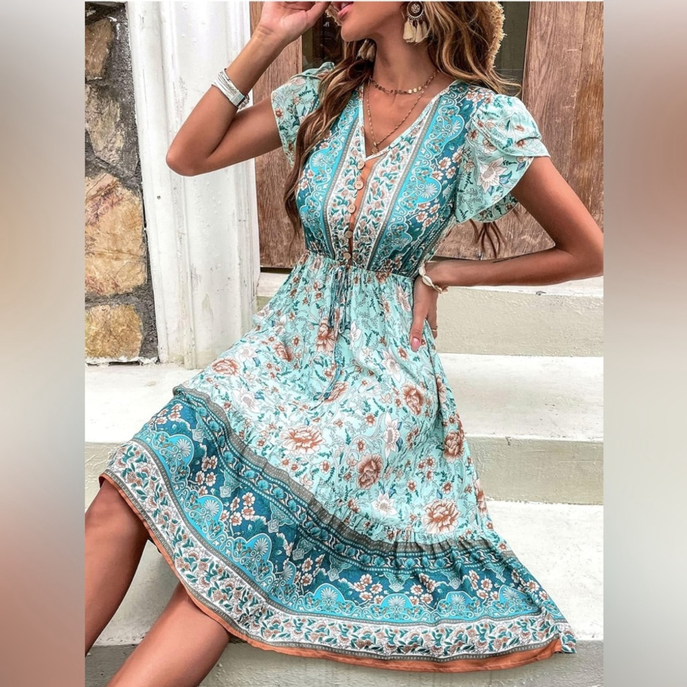 Floral Print Petal Sleeve Ruffle Hem Teal and Cream Dress